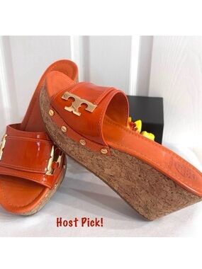 TORY BURCH ~ Orange Cork Wedge Slip On Sandals w/Gold TB Hardware size 9
